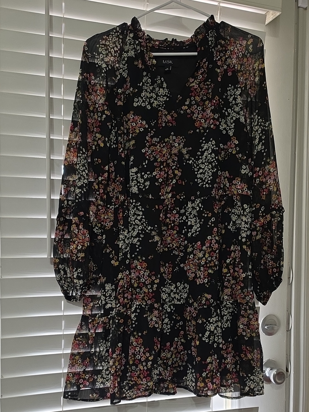 MSK Black Sheer Long-Sleeve Floral Tiered Dress